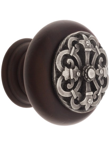 1 1/2 inch Diameter Chateau Knob in Dark Walnut/Antique Pewter.